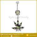 Surgical Steel Camouflage Style Pot Leaf Enamel Cubic Zirconia Belly Bar Navel Ring